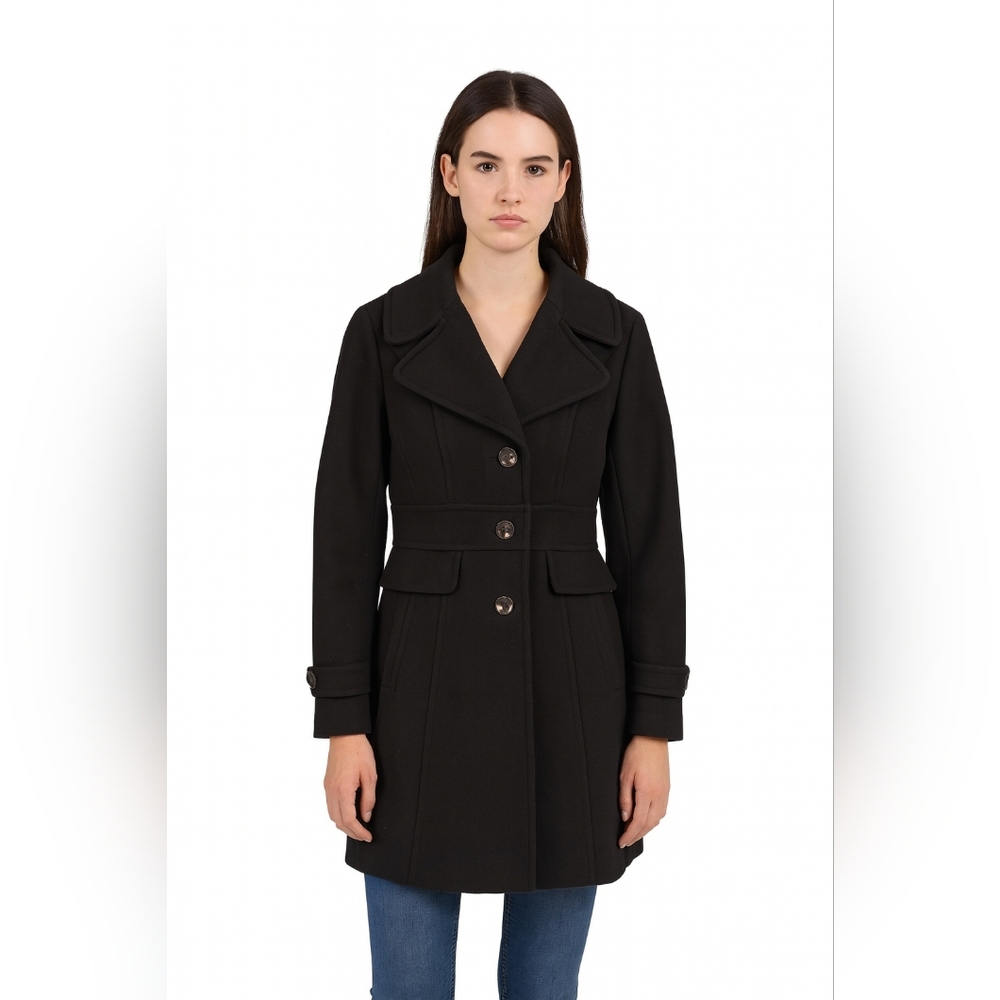 Kenneth Cole Elegant Black Women's PeaCoat Wool Mid length Classic Size 12P